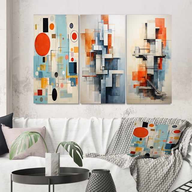 Designart "Blue Orange Mid Century modern Retro" Abstract Wall Art Set Of 3 - Blue Midcentury Gallery Wall Set For Home Decor