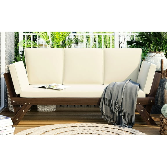 Patio Daybed With Adjustable And Soft Fabric - For Gardens, Brown   Beige Wooden - Pillows Modern Design, Brown/beige