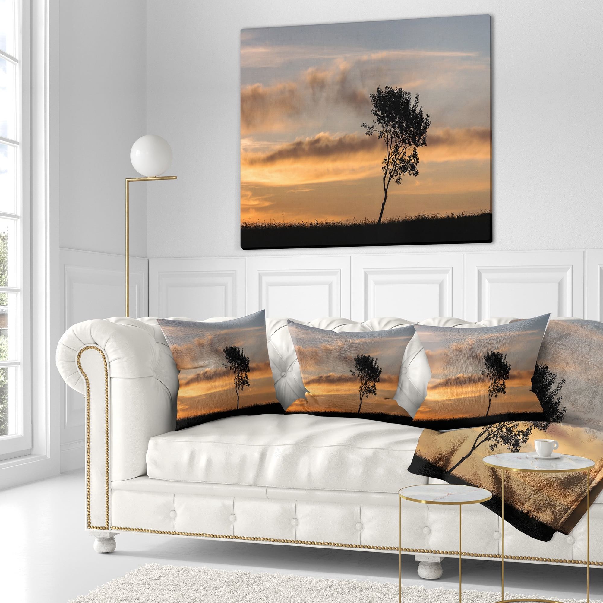 Designart Lonely Tree Silhouette Rightwards - Landscape Printed Throw Pillow - 16x16