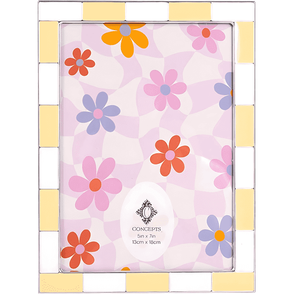 Concepts 5x7 Picture Frames Yellow & White Checkered Retro Enamel Photo Frames with HD Clear Glass, Durable Wall or Tabletop Display Vertical/Horizontal
