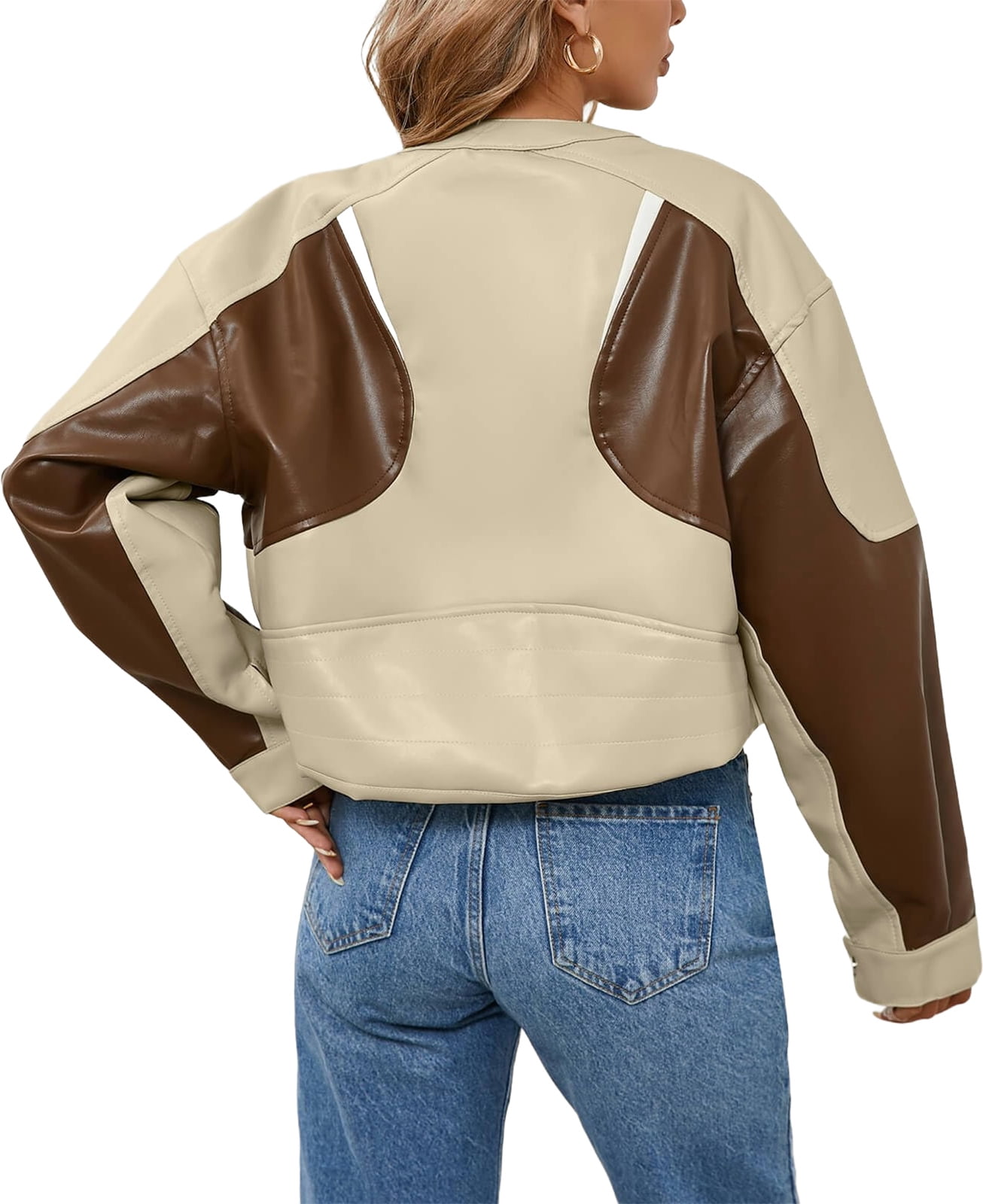 Womens Faux Leather Bomber Jackets Cropped Zip Up Color Block Fall Casual Moto Biker Coats