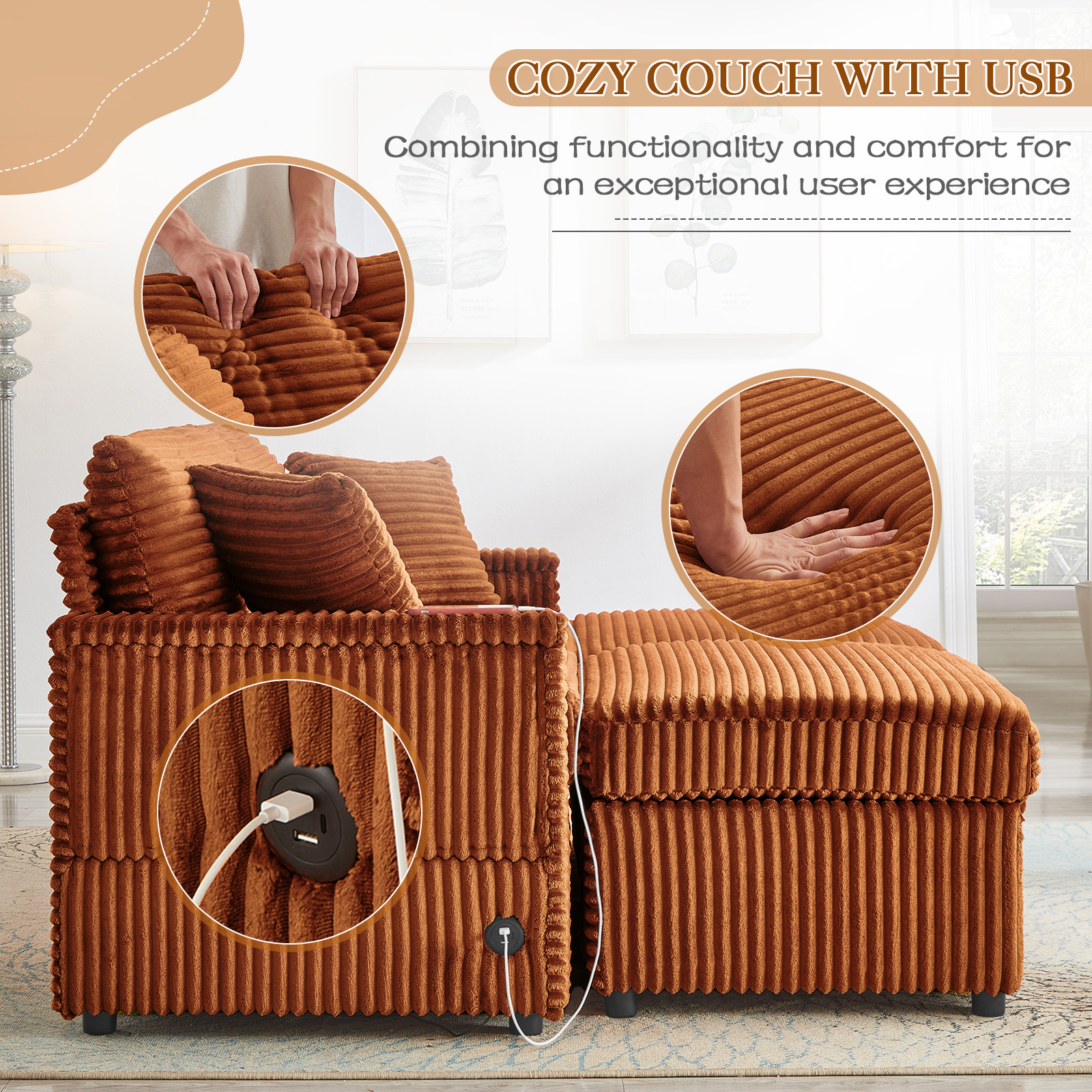 Muumblus Loveseat Sectional Sofa with 2 Storage Ottomans, Modular Cloud Couch with 2 Side Tables & USB, Plush Double Chaise Lounge Sofa Bed Indoor, Orange Corduroy