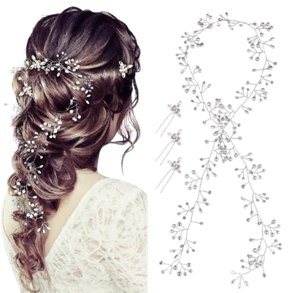 4-Piece Exquisite Crystal Pearl Bridal Hair Vine Headband, Extra-Long 40-inch Handcrafted Wedding Hair Accessories for Brides, Women and Girls (Silver)