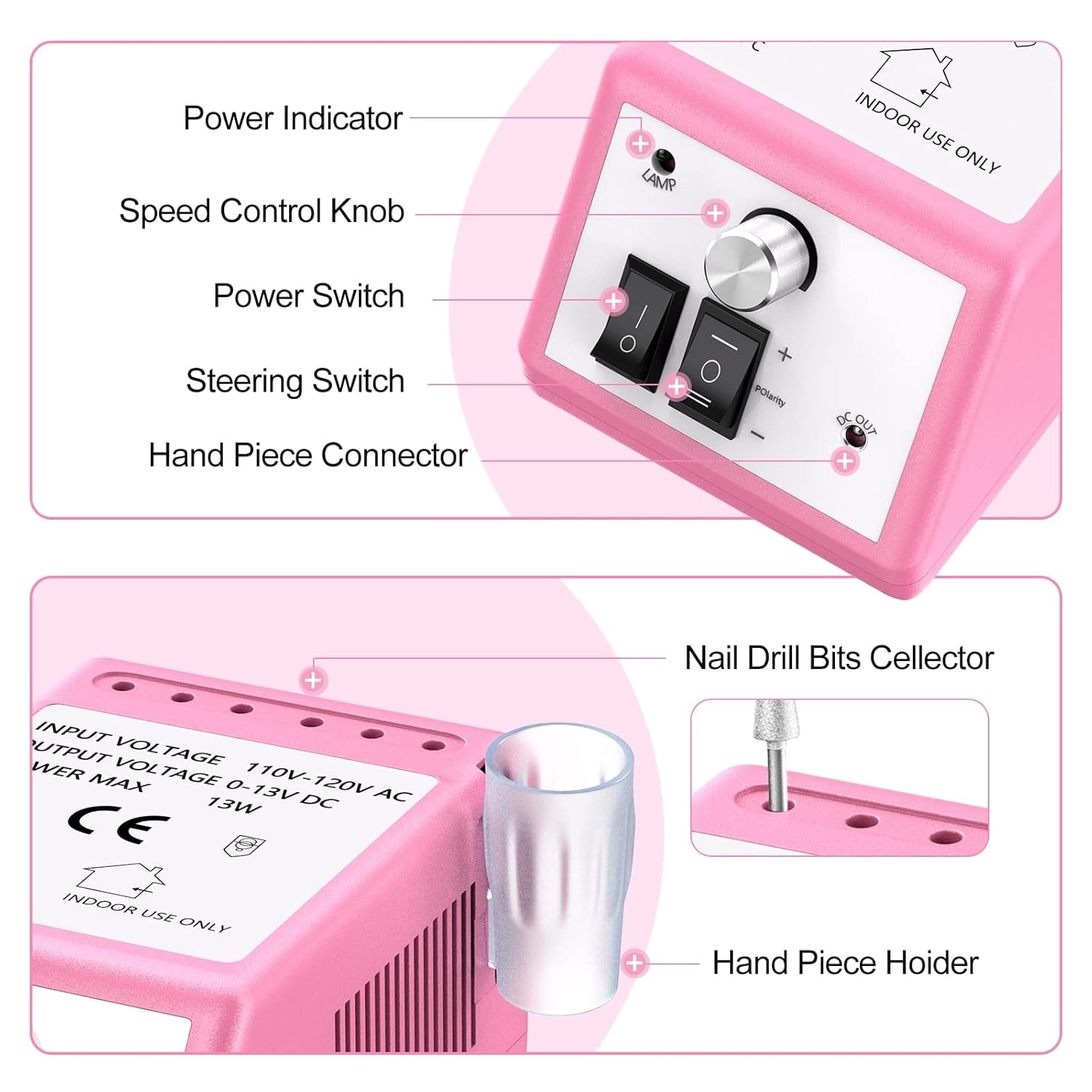 Professional Electric Nail Drill 20000RPM - Nail File Drill Kit for Acrylic & Gel Polish - Manicure Pedicure Drill with 6 Bits & 100 Bands - Low Noise Nail Drill Machine for Salon & Home