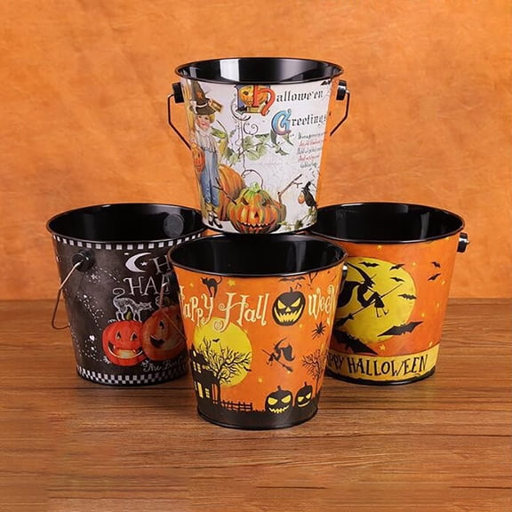 Halloween Print Metal Bucket with Handle, Decorative Snack and Candy Holder for Party Table, Holiday Home Decor Storage Container