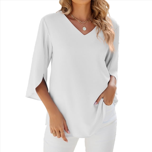 Blusas Elegantes e Informales para Mujer, de 1/2, para Trabajo, Oficina, de , con Cuello en V, Blancas, XXL