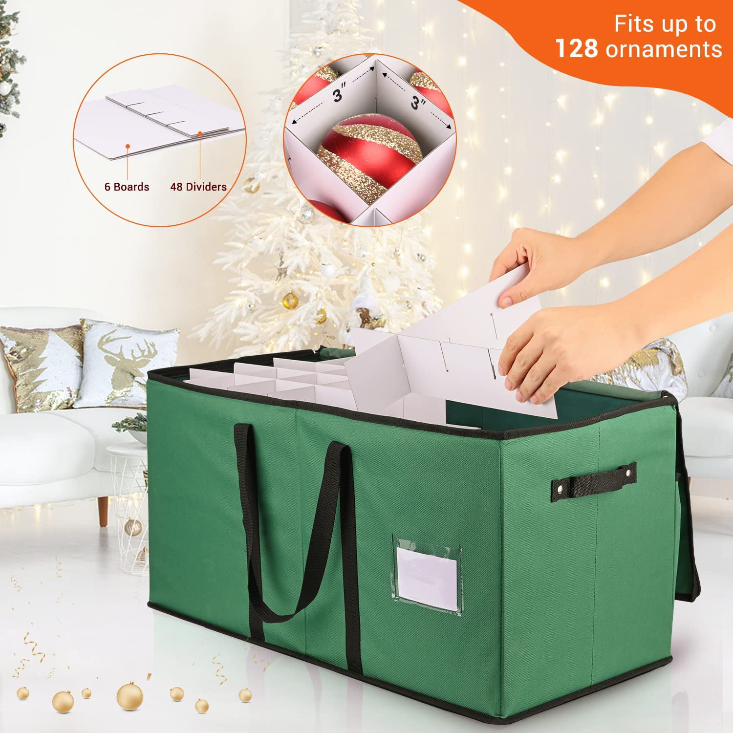 Phedrew Large Christmas Ornament Storage Container Box, Fits Up to 128 Ornaments, Holiday Xmas Ornaments Box with Zipper Closure
