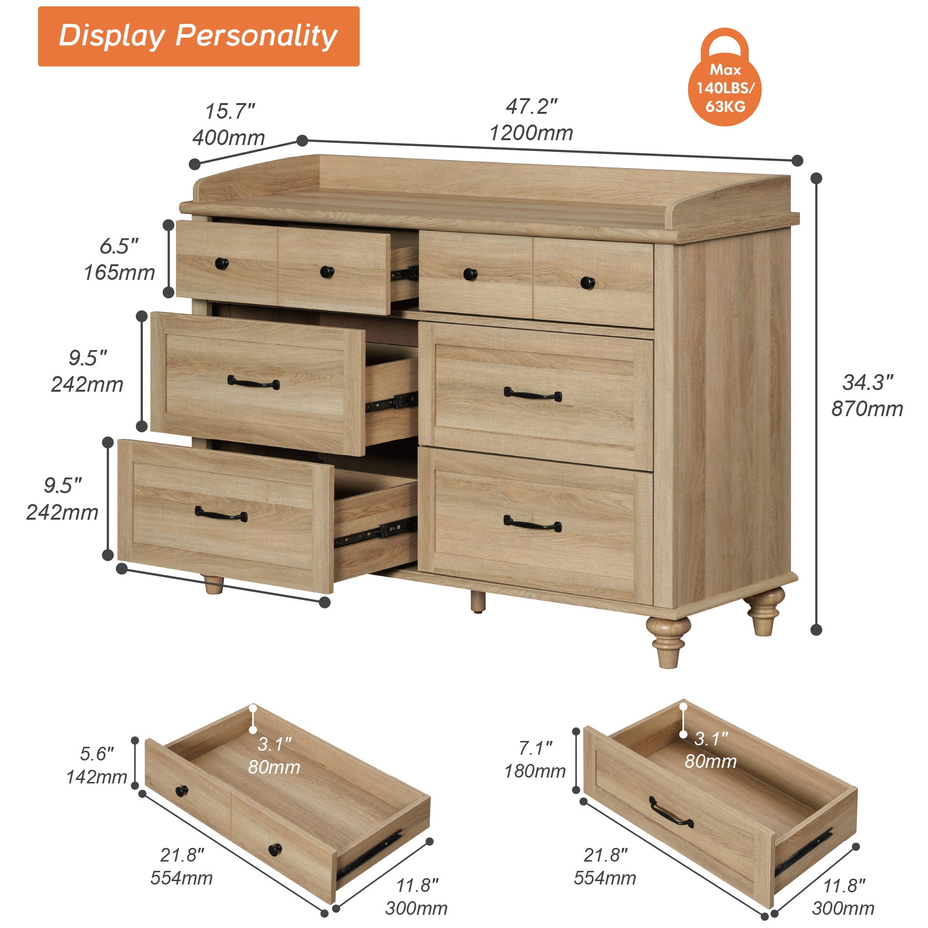 Wood Kids Dresser with 6 Drawers, Nursery Dresser Chest of Drawers, Mid-Century Dresser for Bedroom, Oak