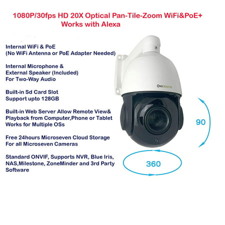 Microseven 1080P/30fps Outdoor PTZ WiFi, PoE+ IP Camera 20x Optical Zoom Pan Tilt Two-Way Audio, ONVIF Security Speed Dome Camera, Night Vision,SD Card Slot, (Best Ptz Outdoor Camera)