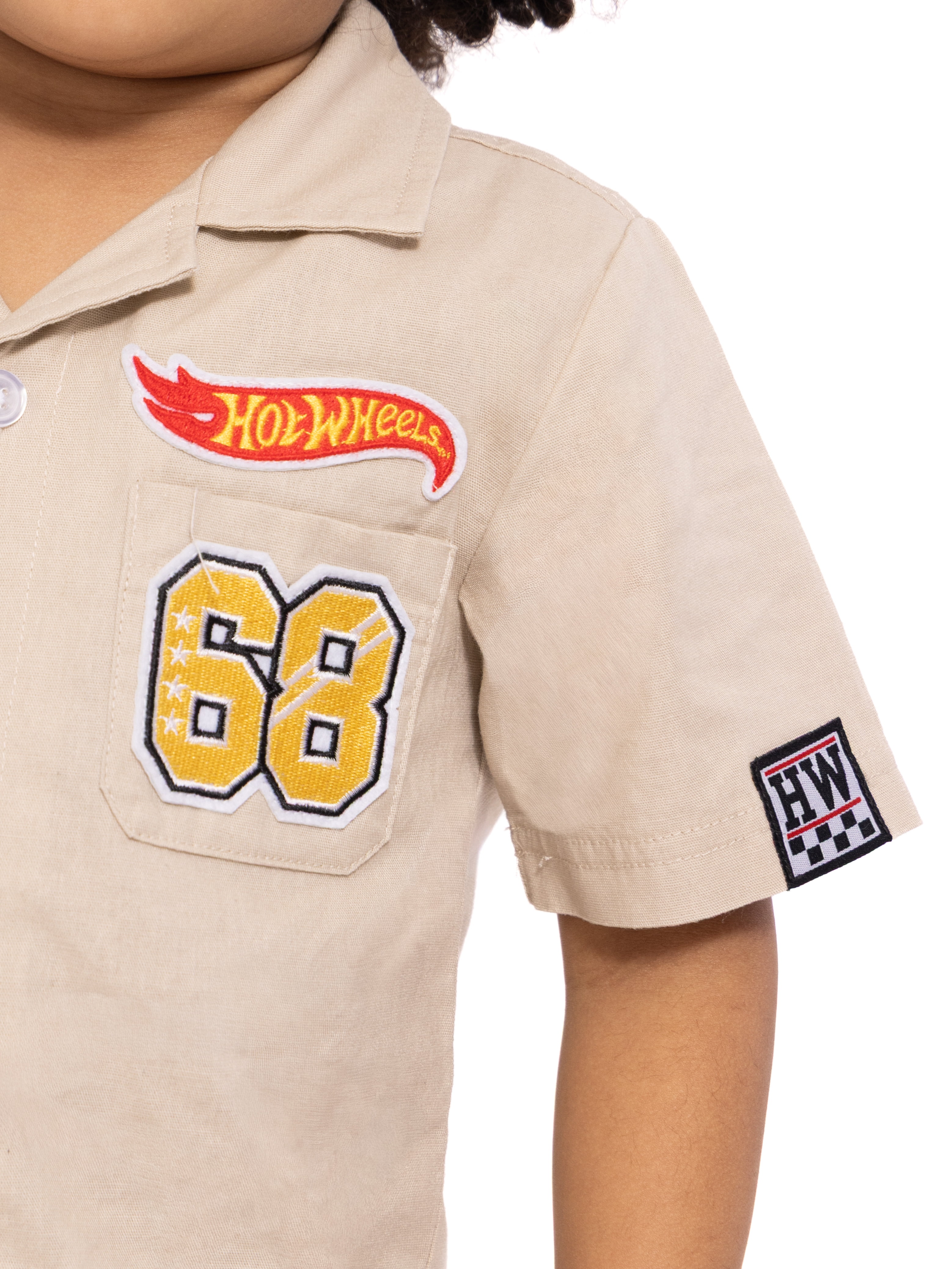 Hot Wheels Toddler Boys Short Sleeve Cotton Button Down Work Shirt with Patches, Sizes 12M-5T