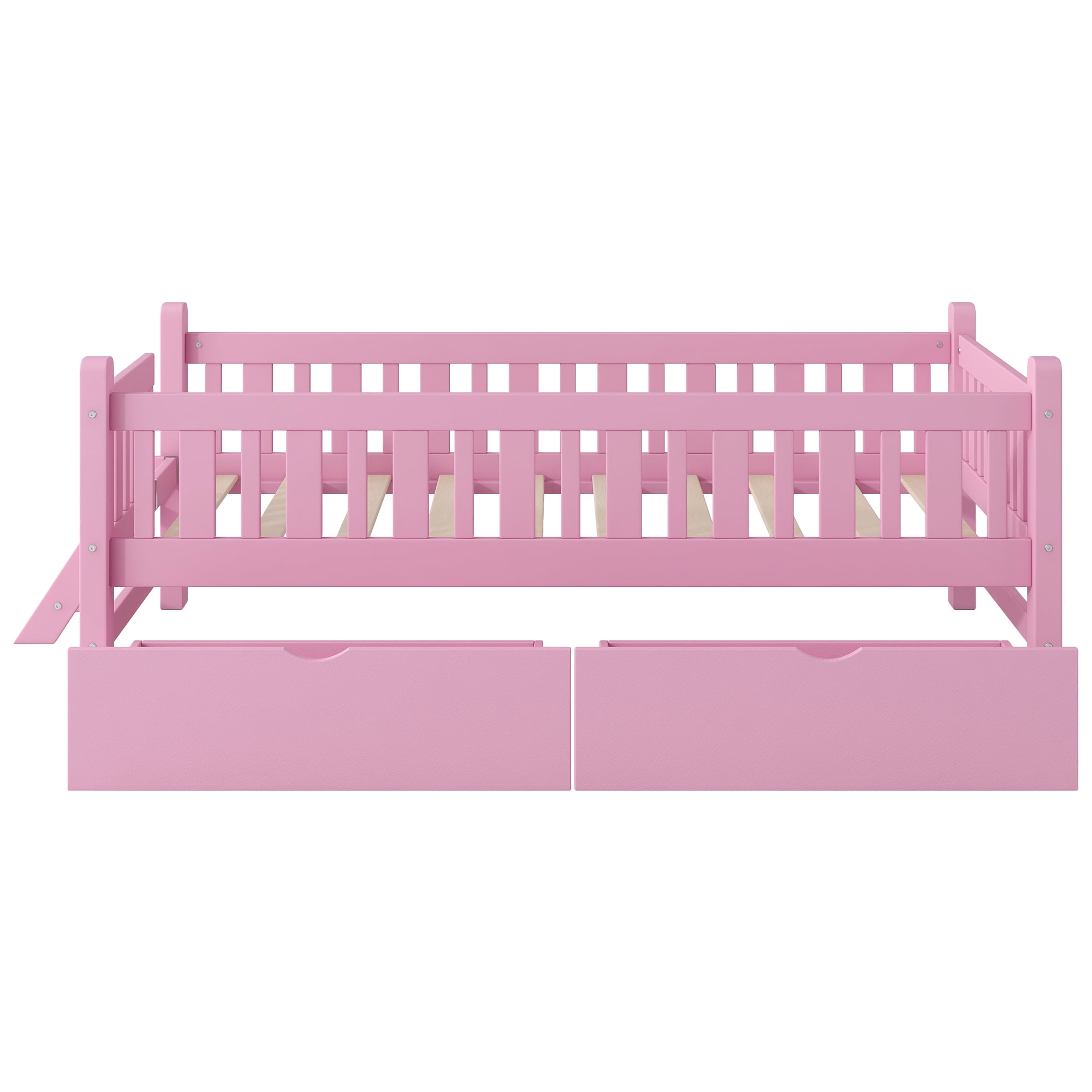 Euroco Wood Twin Size Platform Bed with 2 Drawers and Ladder for Kids and Toddlers, Pink