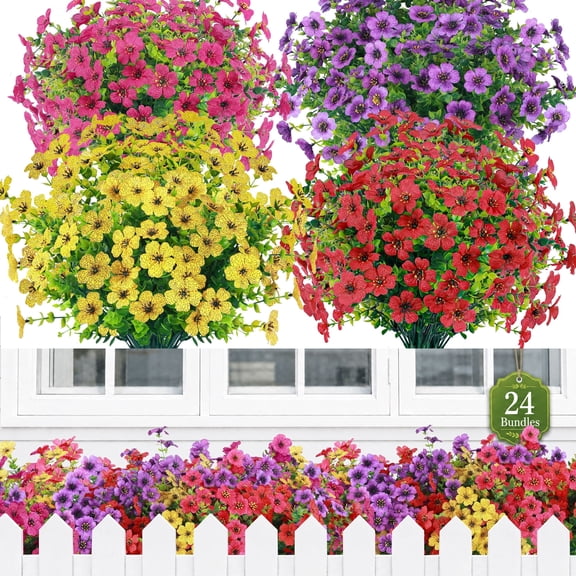 Miracliy 24pcs Artificial Eucalyptus Silk Flowers, Yellow Red Purple Rose Red Faux Flowers for Table Arrangement Decor