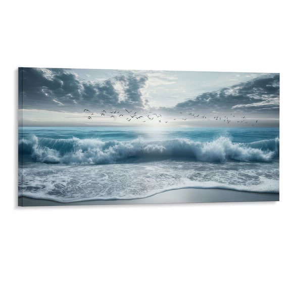 Ocean Waves Sunset Landscape Canvas Print with Frame 48x24 Inch Wall Art for Living Room Bedroom Home Decor