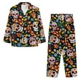 thumbnail image 5 of Garronmavis Halloween Sugar Skull Long Sleeve Button Front Pajama Set for Women 2-Piece Lounge Pjs Sleep Shirt with Pocket & Elastic Waist Pants Loungewear, 5 of 7