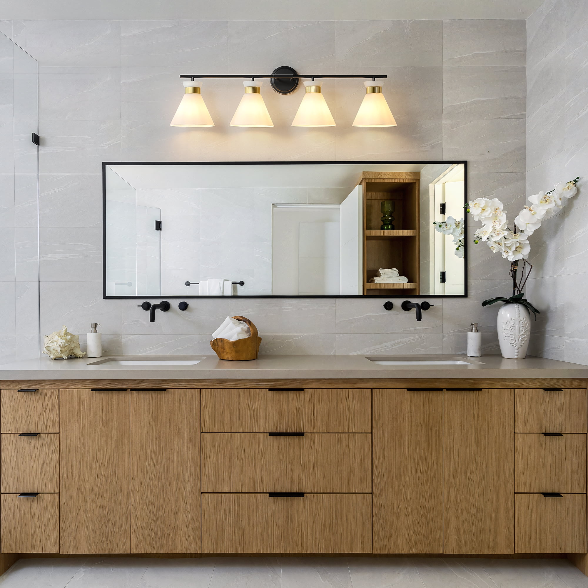 4-Lights Vanity Lights for Bathroom Black and Gold Wall Sconce Lighting with Frosted Milky Glass for Over Mirror Bedroom Hallway