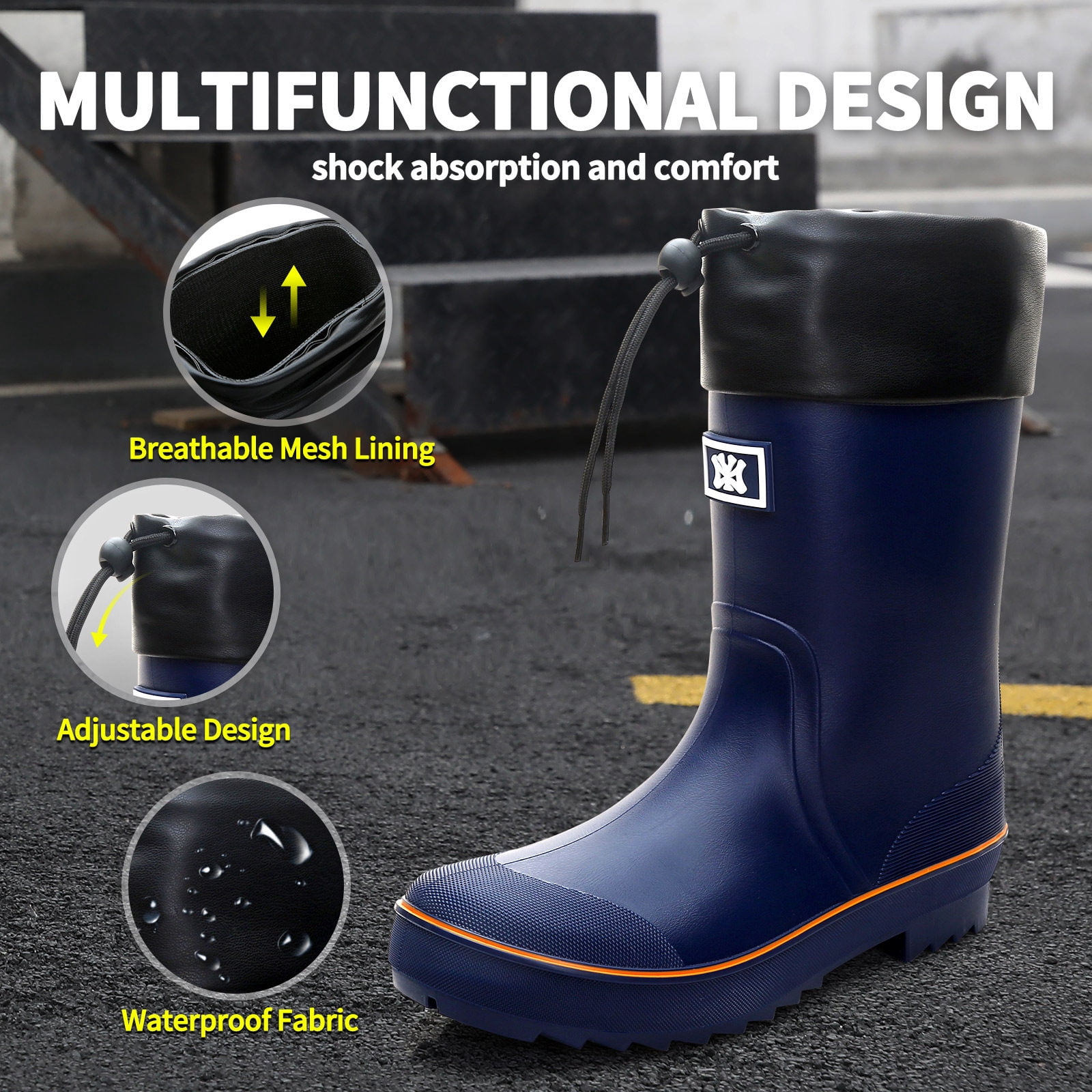 Lcamaw Rubber Rain Boots for Men, Waterproof Men’s Deck Boots with Adjustable Closure, Comfort Lightweight Work Mud Boots, Anti-Slip Mid-Calf Fishing Boots for Farming Gardening Hiking Outdoor