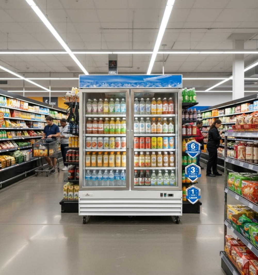 Commercial Reach in Refrigerator, 53" x 33" x 84", 45 Cubic Ft, 2 Glass Door, White Stainless Steel exterior, NSF Certified