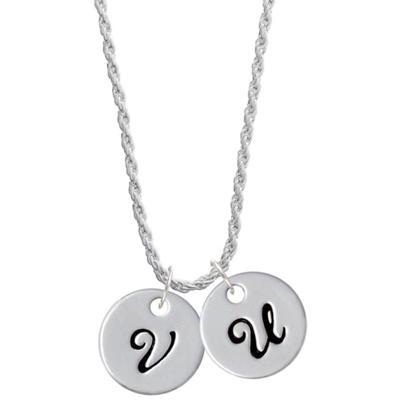 Delight Jewelry Silvertone Large Script Letter - V - 3/4'' Disc - Silvertone Script Initial Disc - U - Charm Necklace, 20"+3"