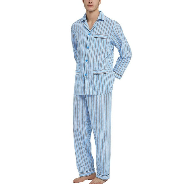 GLOBAL Conjuntos de Pijama de Algodón para Hombre, Manga Larga, Botones, Ropa de Dormir Cómoda, Ropa de Descanso Suave, Conjunto de Pijama Negro con Rayas Azules XXL
