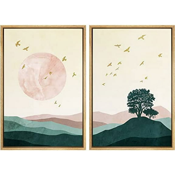 IDEA4WALL Framed Canvas Print Wall Art Set Gold Birds, Pink & Green Gradient Mountain Landscape Nature Modern Art Colorful Artwork for Living Room, Bedroom, Office - Natural 24"x36"x3