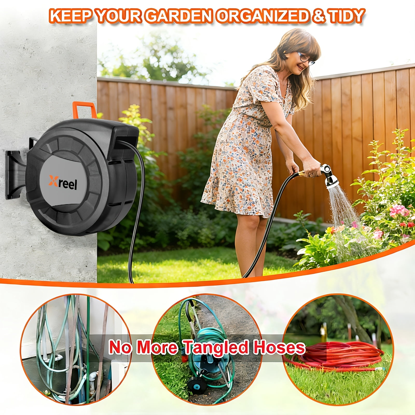 Retractable Garden Hose Reel With Wall Mount 1/2"x70FT,With 10 Pattern HoseNozzle, Brass Connector, Auto Rewind/Any Length Lock/ 180° Swivel Bracket, Ideal For GardenWatering