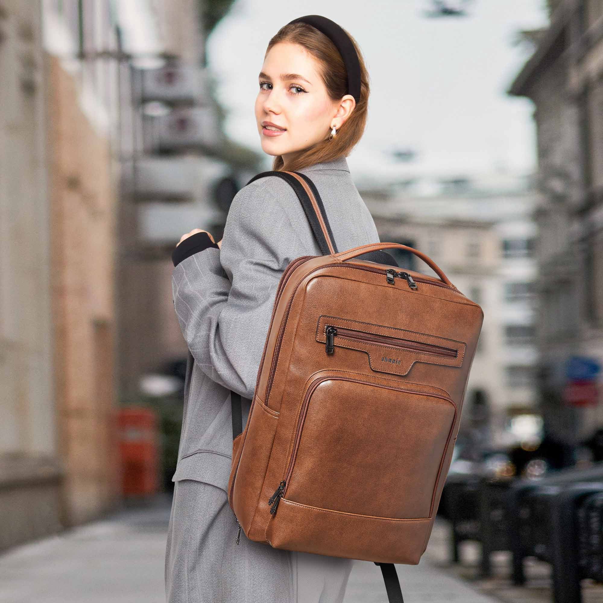 Shrrie Leather Laptop Backpack for Women and Men,28 L Travel Backpack Computer Bag Fits 16 inch Laptop,Expandable Casual Daypack with USB Charging Port for Work Business Weekender College