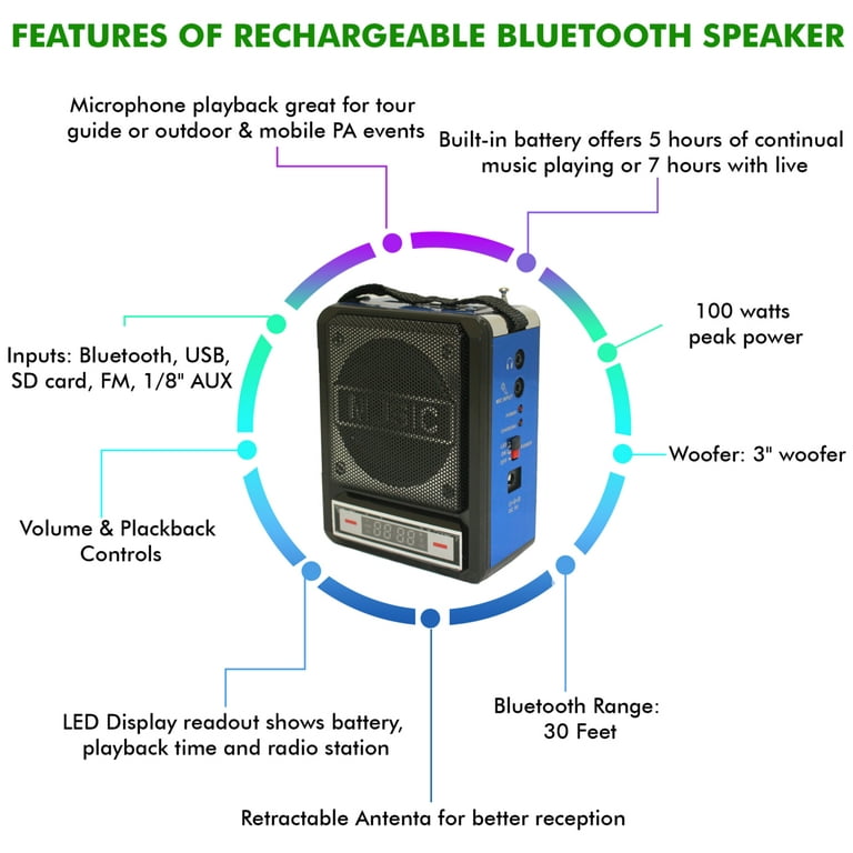 Technical Pro Rechargeable Portable Bluetooth Speaker w/ Wired Headset Mic  and LED Light100 Watts 3 Inch Woofer Shoulder