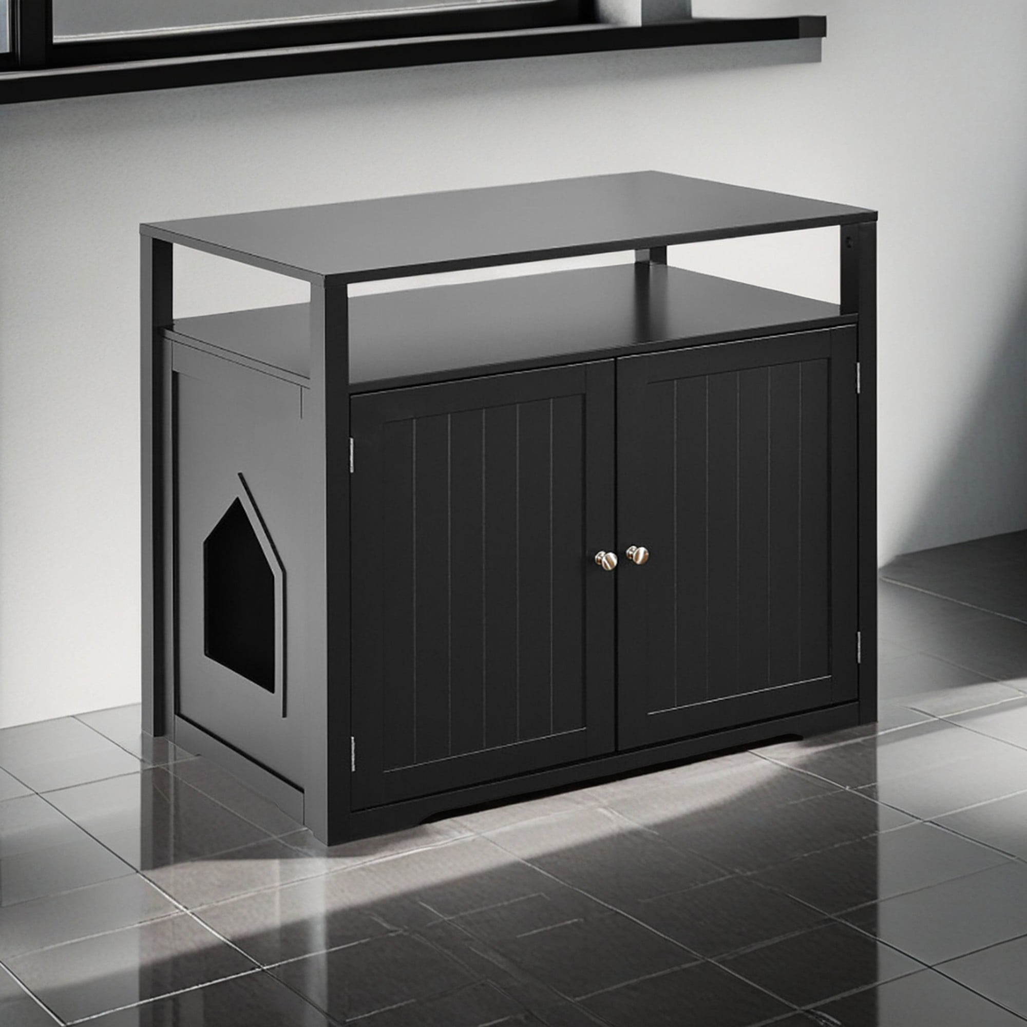 Kadyn 31" Cat Litter Box Enclosure Furniture, Cat Litter Box Cabinet Hidden with Storage Shelf, Cat House with Doors and Divider, Black