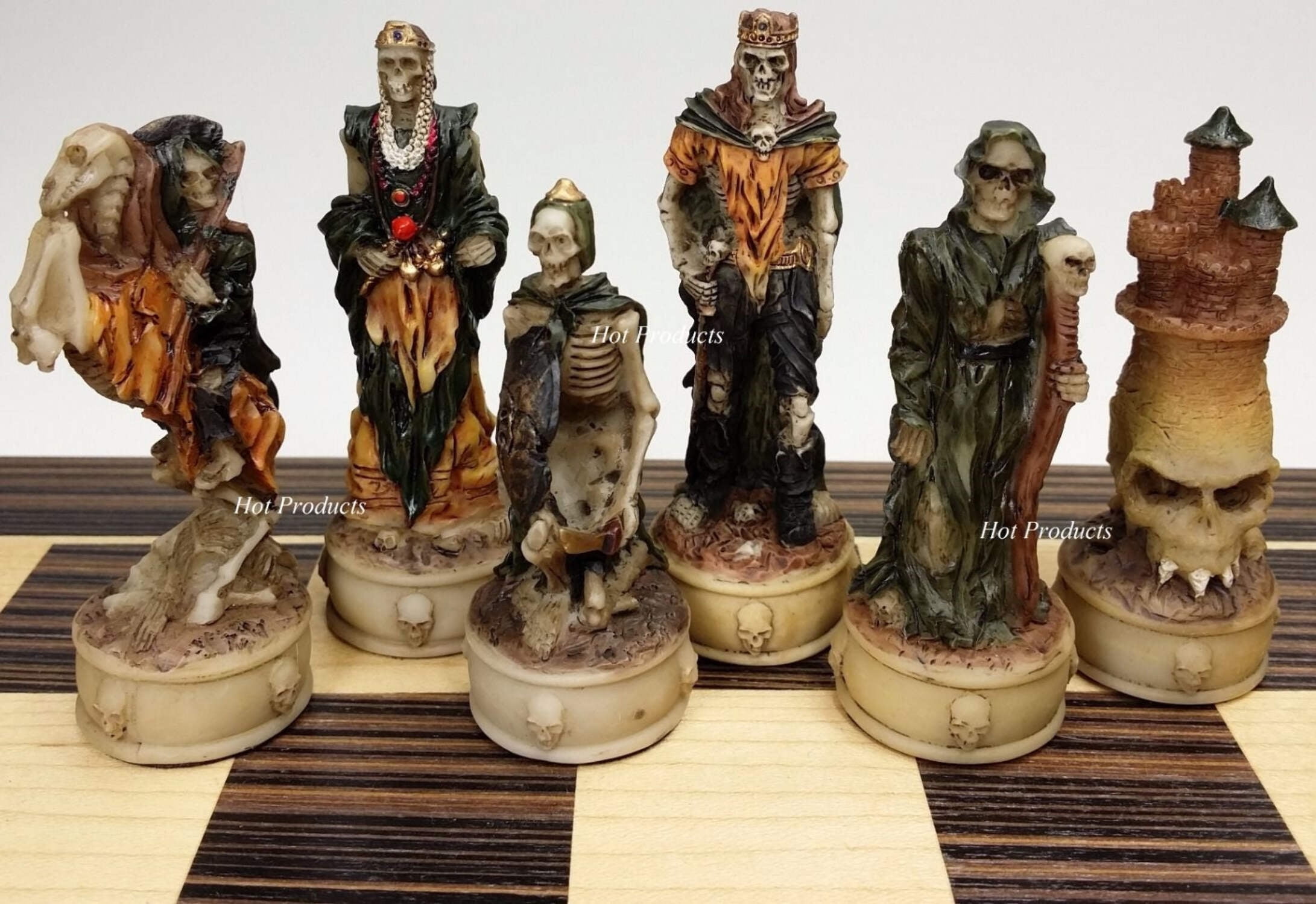 Skeleton Slayer Gothic Skull Chess Set W/ 14" Ebony  Maple Wood Board