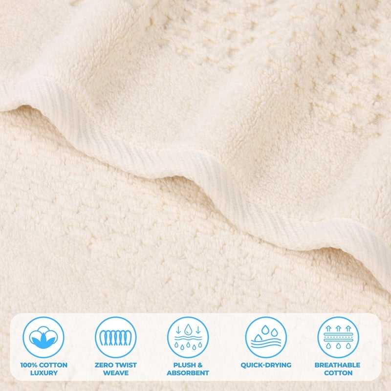 Superior Playa Zero Twist Cotton Solid Waffle Textured 8 Piece Towel Set, Ivory