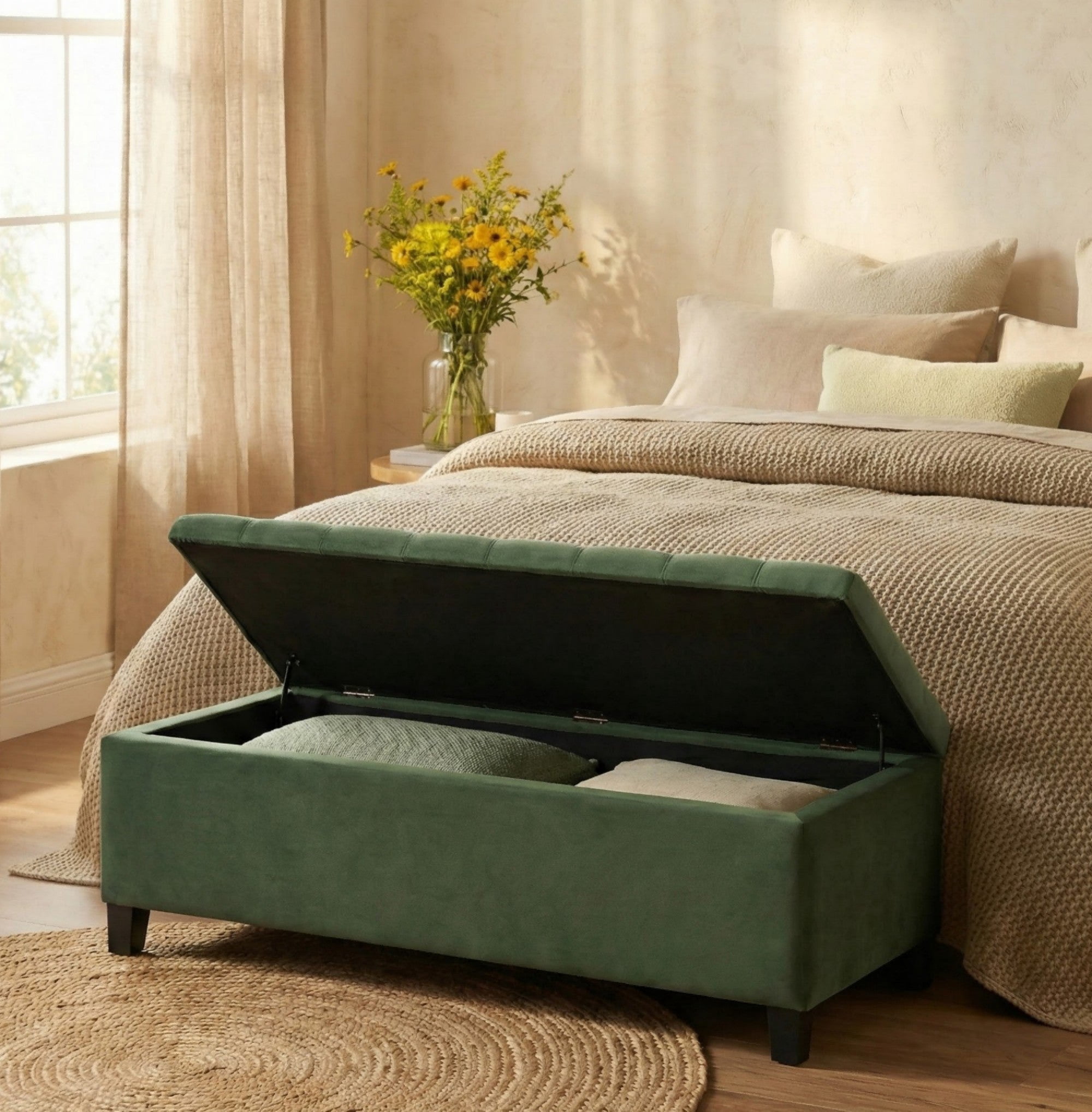 Sailvan 51" Upholstered Storage Ottoman Bench Boucle Entryway Bench with Wood Legs,End of Bed Seating for Bedroom,300lbs Cap Green