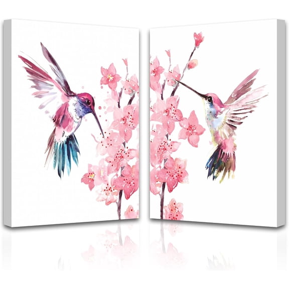 Birds Wall Art,Watercolor Hummingbird Canvas Wall Art Prints,Framed Hummingbird and Pink Flower Pictures Watercolor Animals Painting Print Modern Artwork Decor Set of 2 (12"x16"inch)
