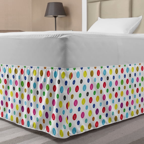 Colorful Bed Skirt, Repeating Small and Bigger Balls on a Plain Background Play Time Elements, Elastic Bedskirt Dust Ruffle Wrap Around for Bedding Decor, 4 Sizes, Multicolor, by Ambesonne