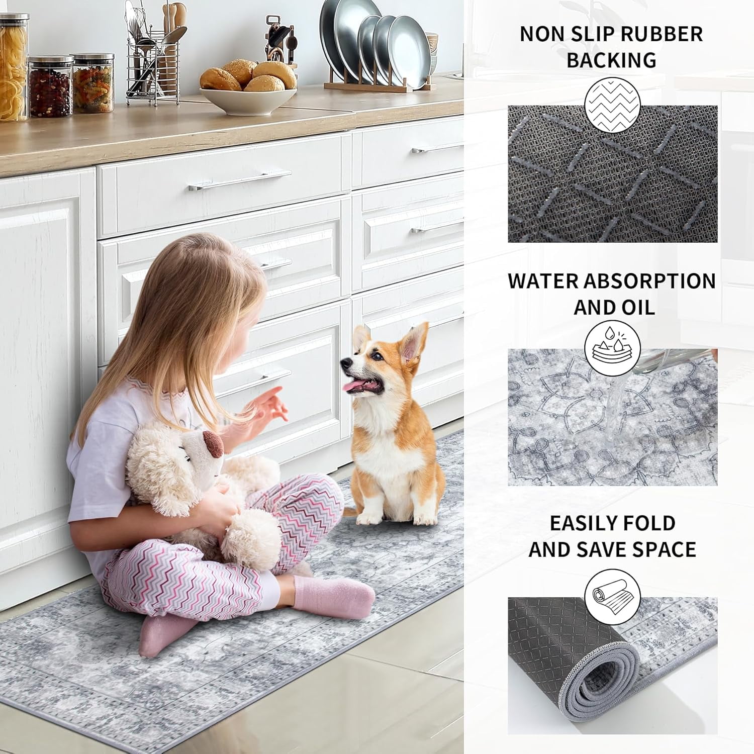 Kitchen Rugs Sets of 3 Grey Kitchen Mats 3 Piece SetKitchen Runner Rugs Non Skid Washable Boho Kitchen Rug Set Carpets for Laundry Room Front Door