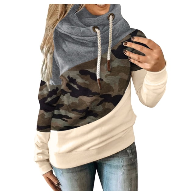 Women's Fashion Hoodie Long Sleeve Pure Color Patchwork Drawstring Pullover Casual Sweatshirt Tops