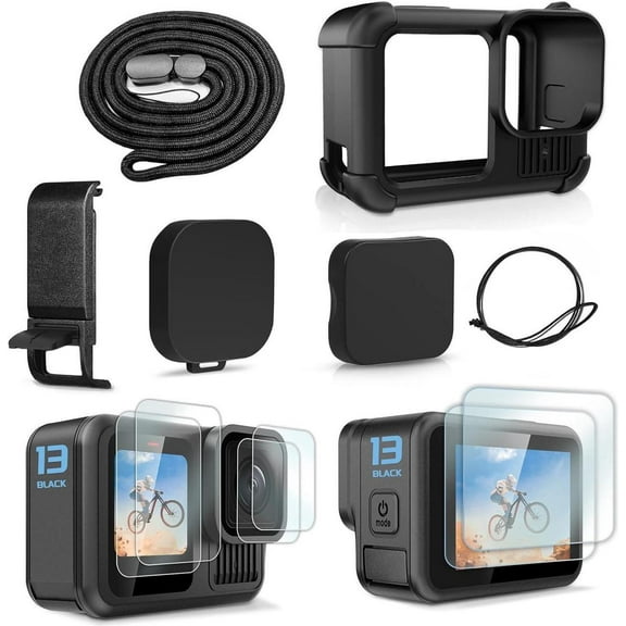 Black Silicone Sleeve Rubber Protective Case Only Applicable to Go Pro Hero 13 Black Standard Lens,Battery Side Cover&Screen Protectors& Lens Caps&Lanyard for Hero 13 Black Accessories Kit