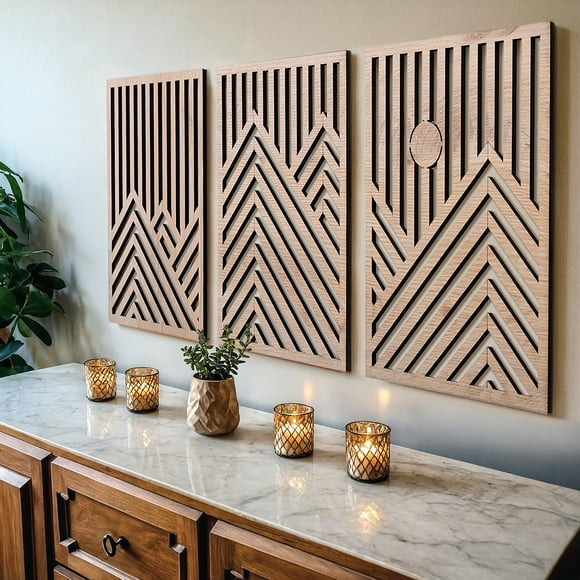 Set moderno de 3 esculturas de pared qmmp para decoración del hogar en madera de roble laminado
