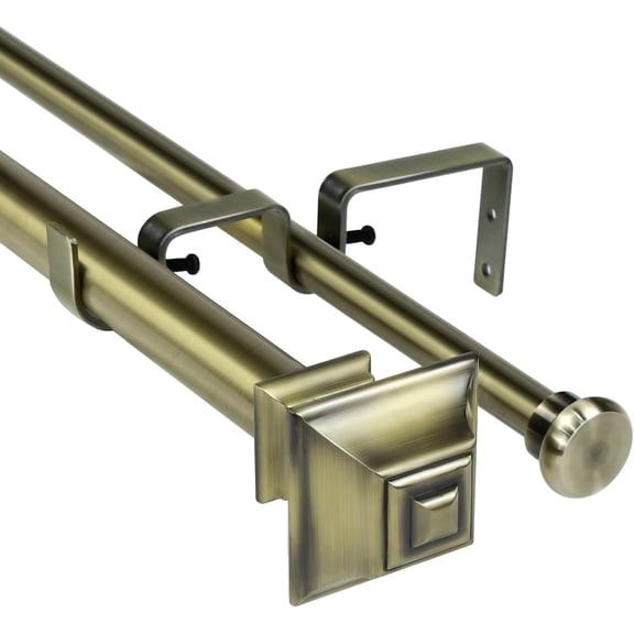 Urbanest Adjustable Double Curtain Rod Set Pila Flat Button Finials – 1″ Front & 5/8 Back Rod With Antique Brass Rod, 28–48 Inches