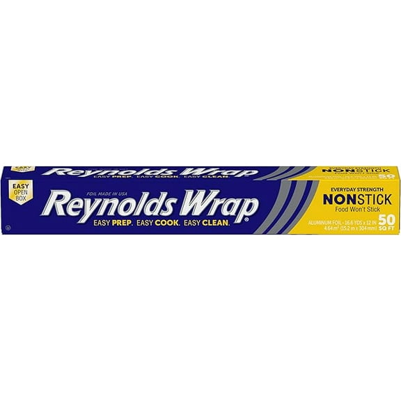 Reynolds Wrap Non-Stick Aluminum Foil Roll, Non-Stick Foil for Cooking, Freezer Safe, Features a Secure Easy Open and Close Tab, 12 Inches Wide, 50 Total Sq. Ft. ( Pack of 2 )