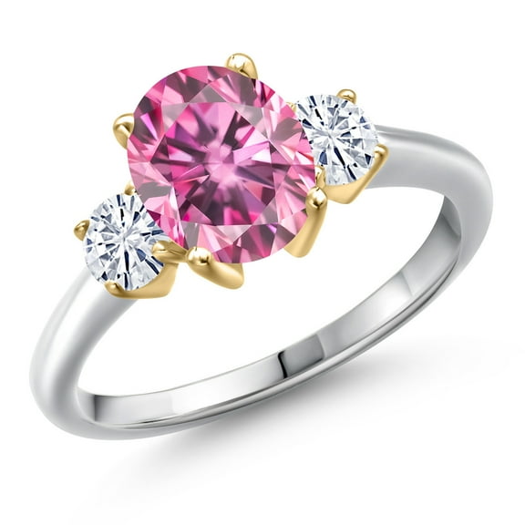 Gem Stone King 10K Two Tone Gold Pink Moissanite and White Moissanite Engagement Ring for Women | 2.46 Cttw | Oval 9X7MM | Gemstone Birthstone | Size 9