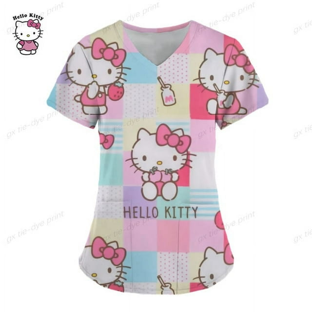 GUISHUAN Blouse de Travail pour Femmes Hello Kitty, Uniforme d'Infirmière, Manches Courtes, Col en V