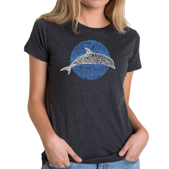 LA Pop Art Women's Premium Blend Word Art T-shirt - Species of Dolphin