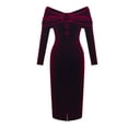 thumbnail image 1 of ZYHT 6310 Robe Femme Rouge Vin à Volants Épaules Dénudées Motif Rose Manches Longues Fente avant Robe Midi en Velours, 1 of 5