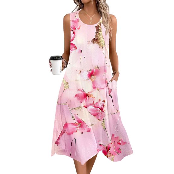 Vetsdori Womens Beach Midi Dresses Tank Graphic Slip Dress Sleeveless Casual Summer Sundress,Crew Neck Dress for Junior Lightweight