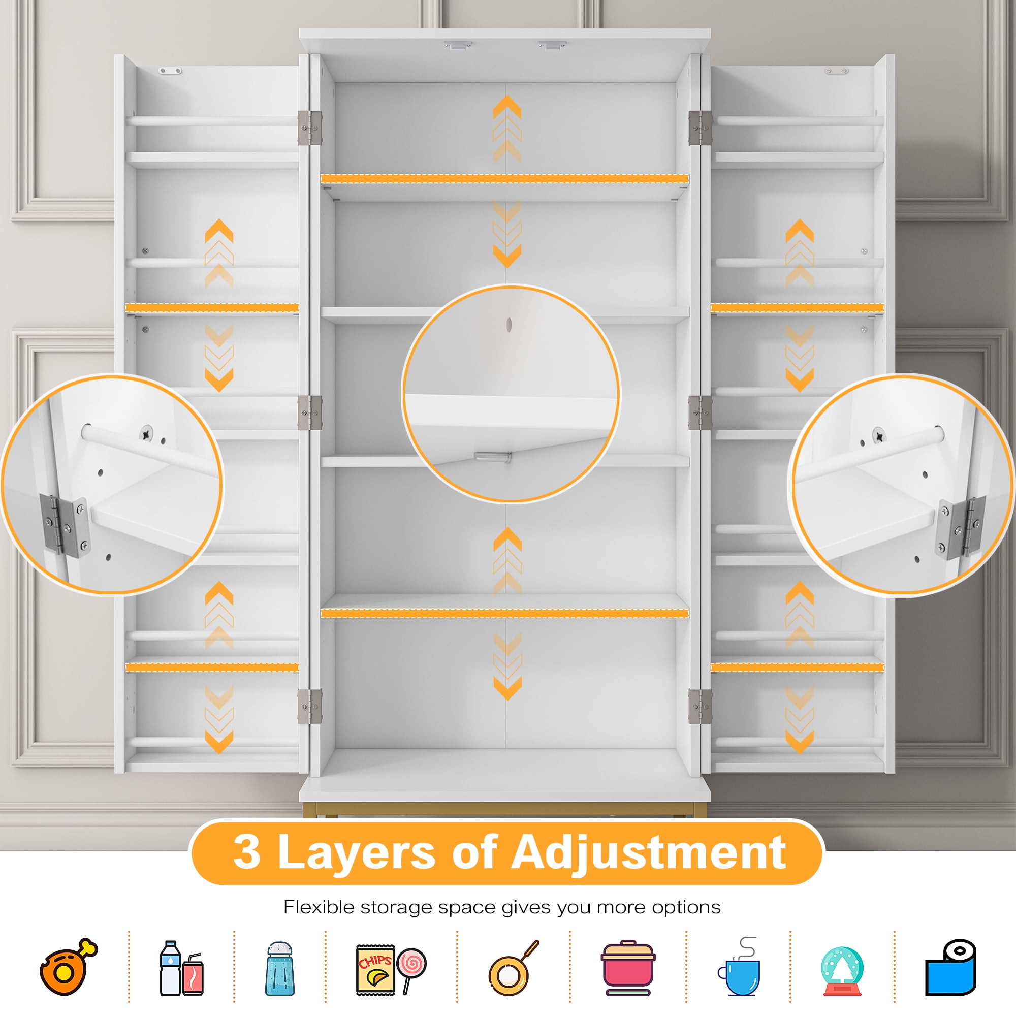 Casendy Pantry Cabinet with 2 Doors and 16 Shelves, Modern Kitchen Storage Cabinet with Adjustable Shelves, Kitchen Storage Cupboard for Dining Room, Living Room, White