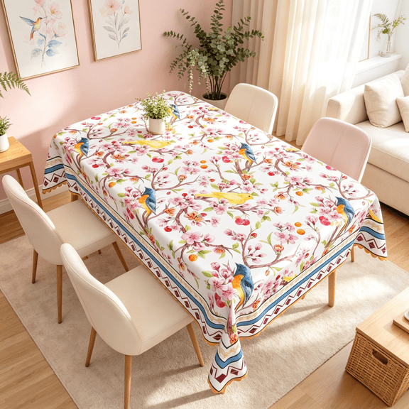 SUNOLIFE Floral with Birds Rectangular Tablecloth Vintage French Retro Spring Table Cloth Cover 60 x 84 Inch