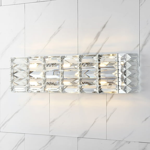 JONATHAN Y Evelyn Crystal Rectangle 24.25" 3-Light Iron/Crystal Glam Modern LED Vanity Light, Chrome