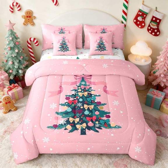 Manfei Christmas Tree Twin Bedding 7pcs Green Bedding Comforter Set, Green White, Xmas Reversible