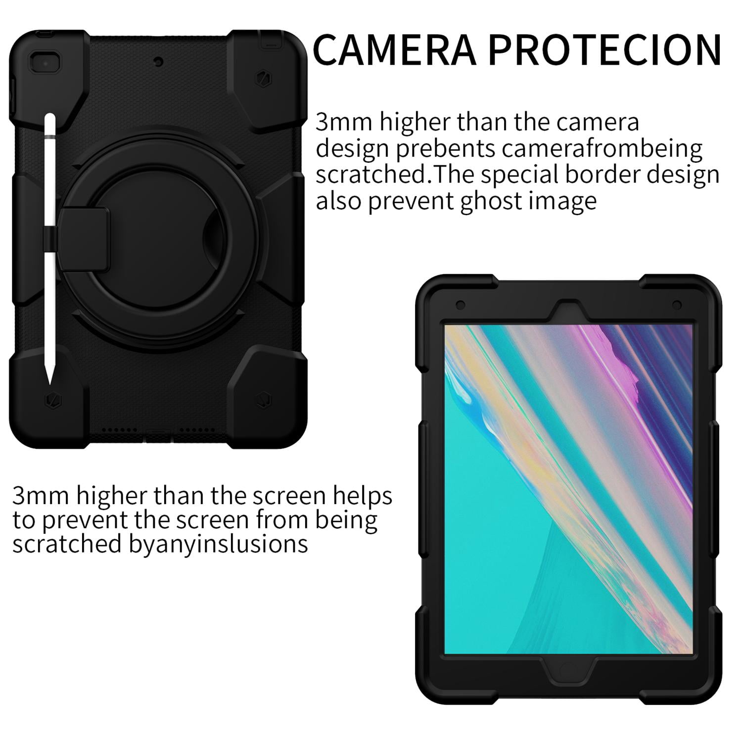 Allytech Case for iPad 9th/8th/7th Generation 10.2", Kids Case with 360° Rotating Folding Ring, Pencil Holder, Strap Drop-Proof Case for iPad 9/8/7 Gen 2021/2020/2019, Black