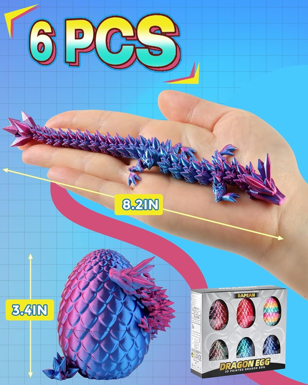 8" 3D Printed Dragon Eggs, Mystery Crystal Dragon Egg for Easter Basket Stuffers, Unique Easter Toys & Decor, Fantasy Tabletop Decor for Kids & Collectors